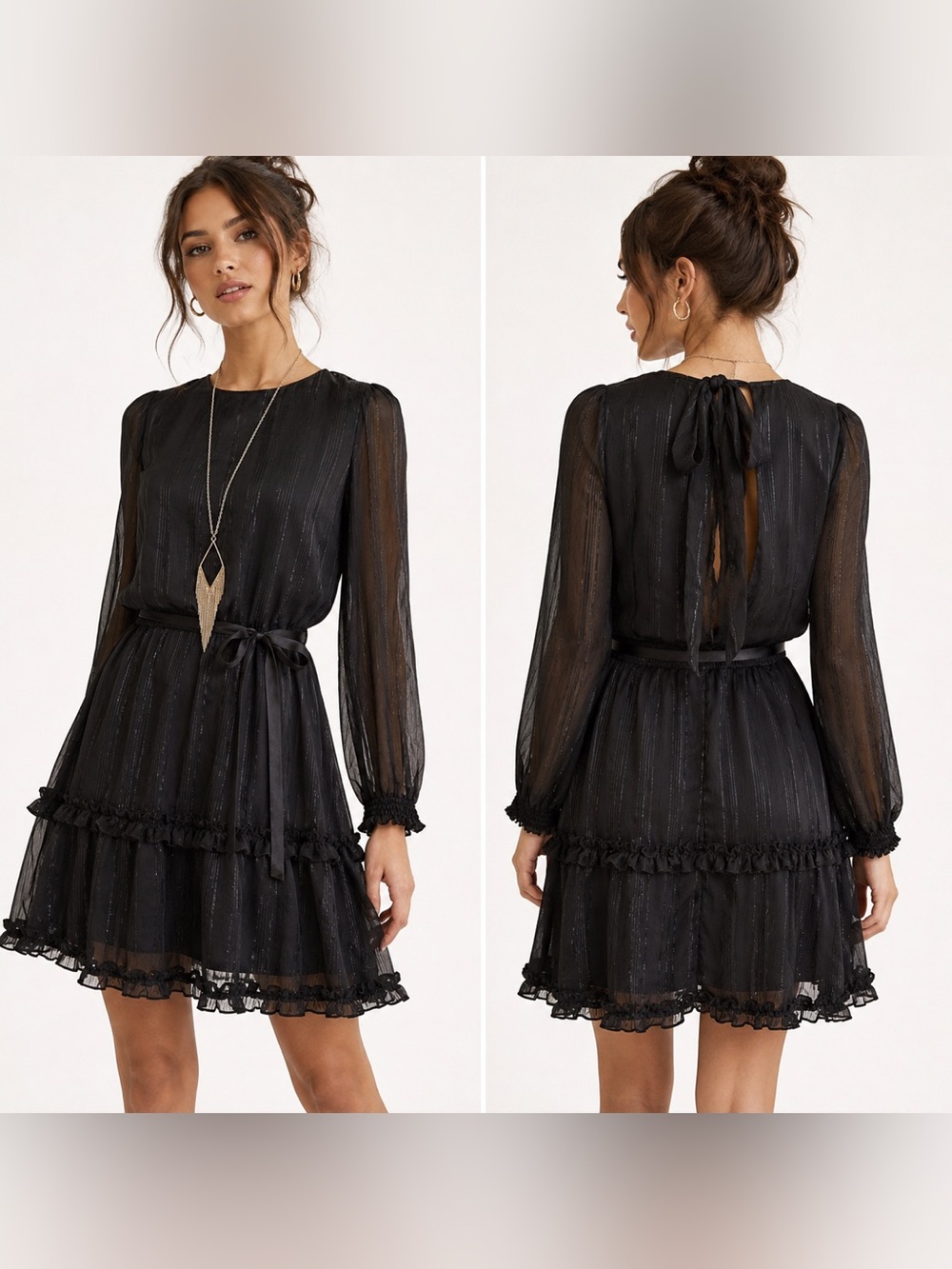 HYFVE Black Metallic Stripe Tiered Ruffle Mini Dress Long Sleeves Medium